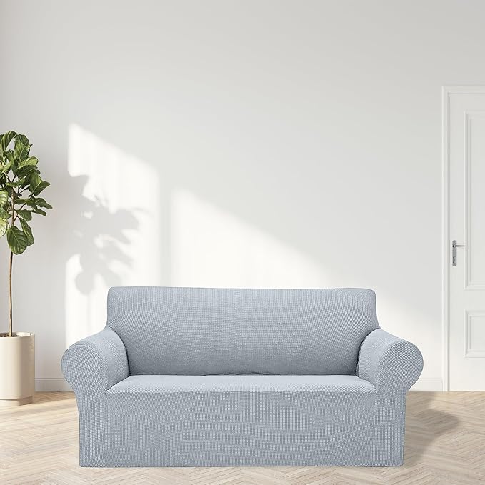 2025 New Stretch Loveseat Sofa Slipcovers Couch Cover for 2 Cushion Furniture Protector Sofa Covers with Elastic Bottom Jacquard Fabric Small Checks for Pets, Kids - Silver