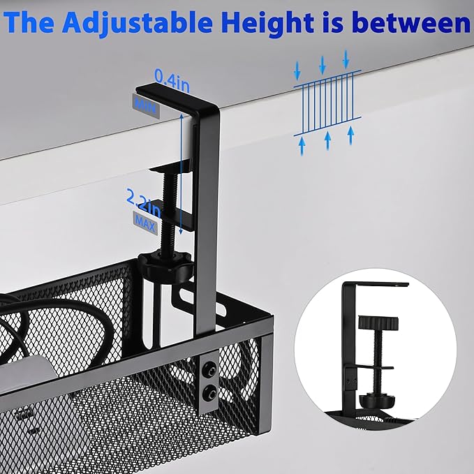 Under Desk Cable Management Tray Small – Clamp-Mounted Wire Organizer & Cord Management Under Desk Rack, No-Drill Metal Cable Organizer for Home Office (Black)