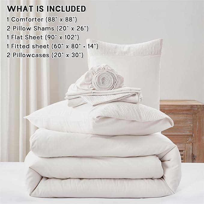 Anluoer White Queen Comforter Set 7 Pieces, Bed in a Bag with Sheets, All Season Bedding Sets with 1 Comforter, 2 Pillow Shams, 2 Pillowcases, 1 Flat Sheet, 1 Fitted Sheet