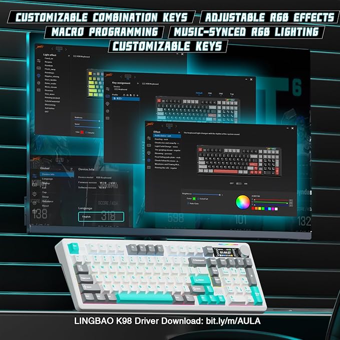 LINGBAO K98 PRO 96% Mechanical Keyboard Wireless, with Screen & Knob, Creamy Gaming Keyboard, Tri-Mode BT5.0/2.4GHz/USB-C, Gasket Mount Hot-Swappable Linear Switches RGB Backlit Gamer Keyboards for PC