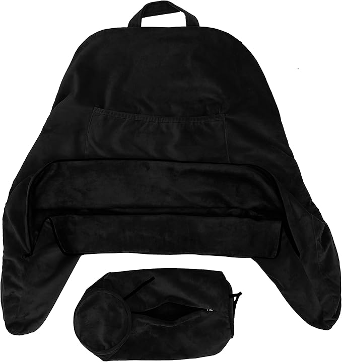 Husband Pillow XXL Aspen Edition, Adult Reading Sit Up Bed Rest Pillow for Bed with Arms & Neck Roll on Bungee Cord - Premium Memory Foam - Reversible 2 Sided Cover Micro Suede or Plush, Stable Black