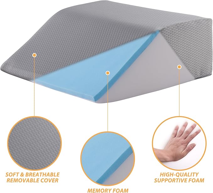 Bedluxe Leg Elevation Pillows, Leg Pillows for Sleeping, Cooling Gel Memory Foam Top, Wedge Pillow for Legs, Leg Wedges for Circulation, Swelling, After Surgery - Removable Cover (8 Inch, Grey)
