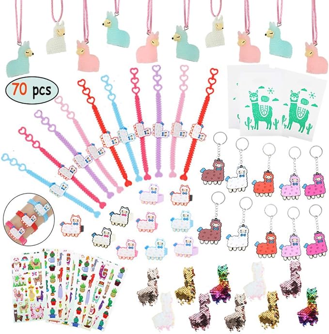 Llama Party Favors Supplies - Llama Bracelet Ring Necklace Keychains Hair Clips Puffy Sticker Gift Bag Alpaca Toys Gift for Kids Birthday School Prizes Rewards(60 pcs)