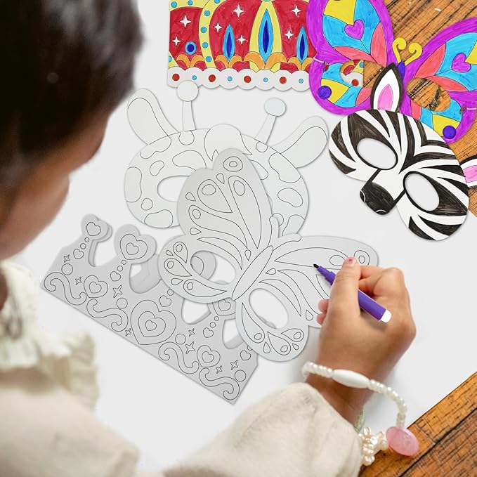 48 PCS Color Your Own Paper Crowns and Paper Masks, DIY Art Coloring Craft Activity for Kids Birthday Dress up Party Favors Decoration, School Home Art Coloring Activities