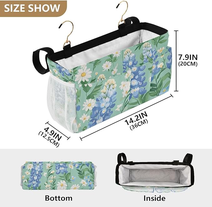 Mint Green Bluebonnet and Daisies Bedside Caddy for Dorm Bed Bedside Hanging Caddy Bag Iron Frame Storage Organizer Pocket for Bunk Home College Hospital Beds 2 Hooks