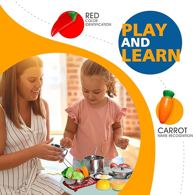 28Pcs Pretend Play Kitchen Toys, Kitchen Playset Cooking Toys Set with Stainless Steel Cookware and Accessories for Kids Toddlers Girls Boys