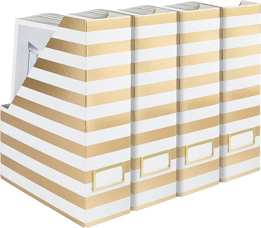 BLU MONACO Set of 4 Gold & White Striped Magazine File Boxes | Foldable Cardboard File Organizer Boxes with Gold Label Holders | Stylish Desk Organizer for Home Office and Classroom