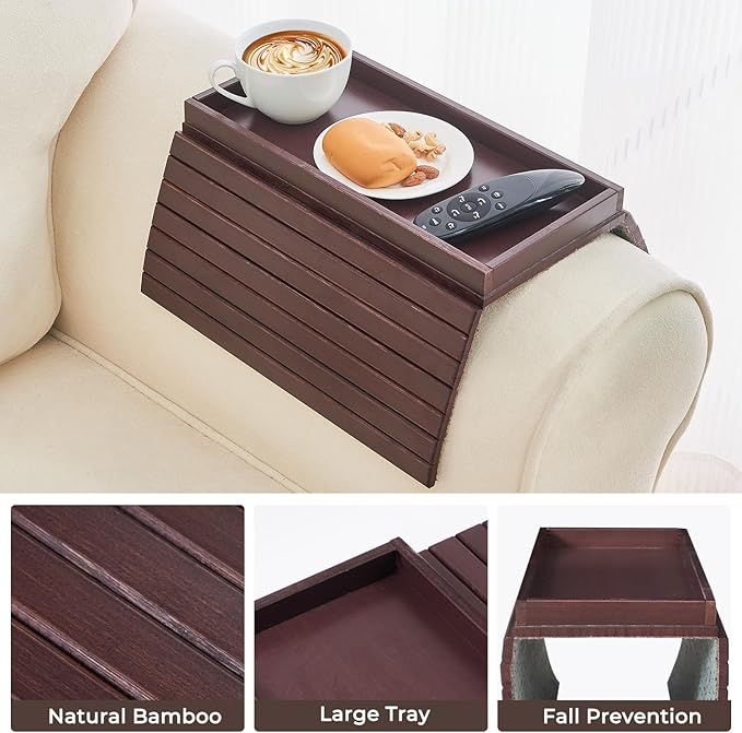 Bamboo Sofa Arm Tray, Anti Falling Couch Arm Tray Table, Foldable Couch Armrest Table, Portable Sofa Armrest Trays Cup Holder for Drink, Cups, Phone, Snacks, Remote