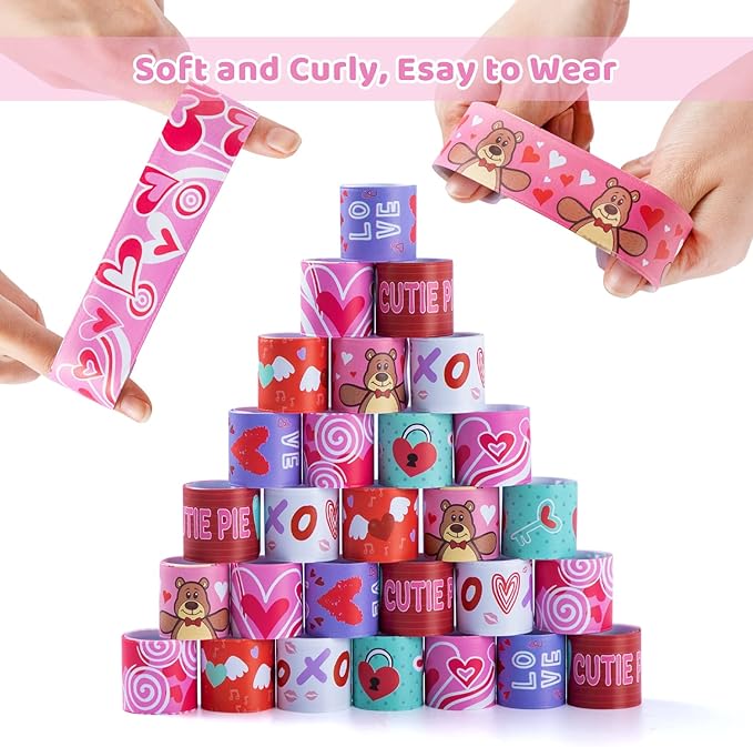 JOYIN 48 Pcs Valentines Day Slap Bracelets with Colorful Hearts and Animal for Party Favors, Kids School Supplies, Birthday presents, and Game Prizes
