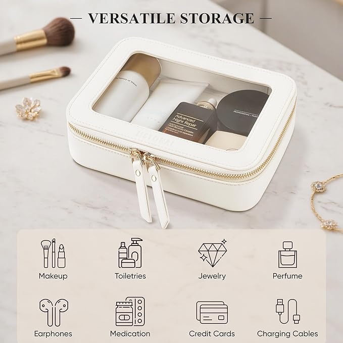 MSTONAL Clear Makeup Bag, Travel Toiletry Bag Cosmetic Case for Women, Waterproof Portable Make Up Skincare Pouch with Zipper, Compact Car Organizer Bag for Essentials, Mini & Medium, Ivory White