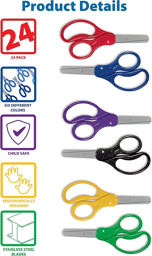 Better Office Products 24 Piece Blunt Tip Kids Scissors, 6 Assorted Colors, 5" Length, Classic School Scissors, Children Scissors, Assorted 24 Count