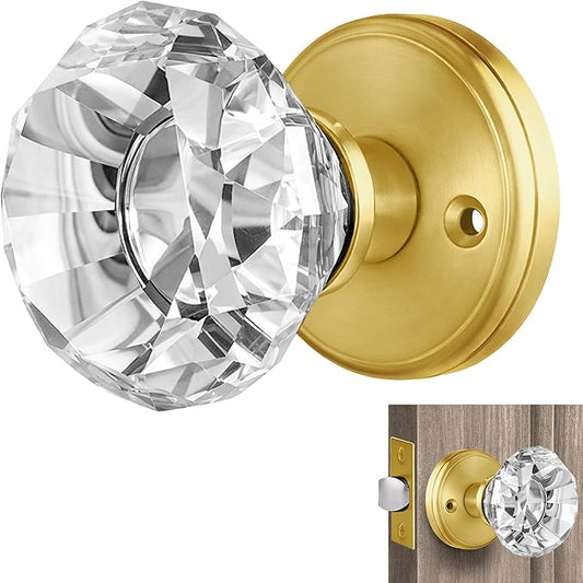 Crystal Door Knob with Lock, Glass Door Knobs Interior Privacy/Passage Set, Vintage Decorative Antique Style Handle for Bedroom, Bathroom, Closet (Gold, Passage Function - 1 Pack)