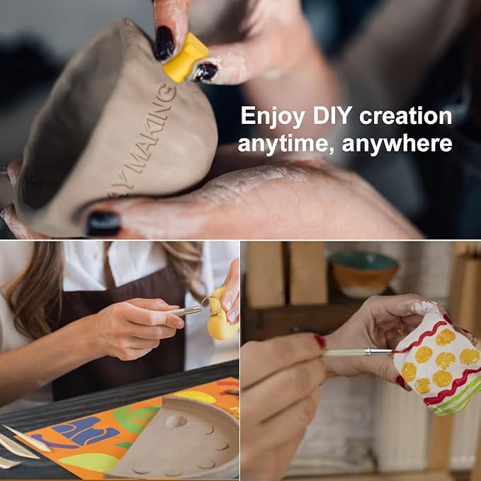 Air Dry Clay for Adults Kids - Pottery Kit for Beginners, Sculpting Tools Set, How-to-Guides, Paints, Brushes, Sponge, Varnish, Letter Stamps, Frosted Strip, Perfect for Party Holiday Craft Gift