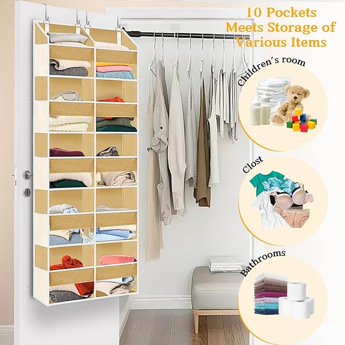 Over the Door Organizer 5 Tiers,Extra Large Behind Door Storage of 10 Compartments,80 lbs Weight Capacity Over the Door Storage, Door Hanging Organizer for Closet, Diaper Organizer (Camel)
