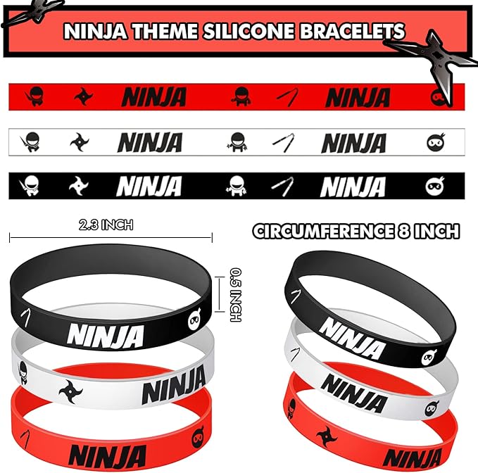 30 Pieces Ninja Silicone Wristbands Bracelets Samurai Rubber Bracelets Ninja Party Favors Bracelets Ninja Warrior Stretch Wristbands for Ninja Warrior Theme Party Favors Goody Bag Supplies, 3 Colors