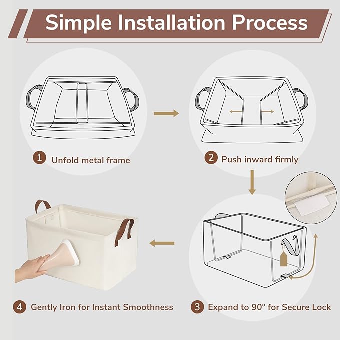 CHICVITA 4 Pack Large Storage Baskets for Shelves, Collapsible Closet Organizer Bins with Metal Frame, Fabric Storage Bins for Clothes Towels Organization, 16.8" x 11" x 9.8", Beige