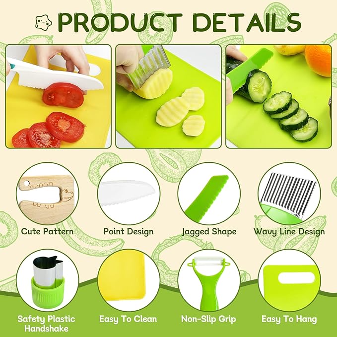 13 Pieces Kids Safe Knife Set for Real Cooking Child-Friendly Plastic Chef Tools Montessori Kitchen Toys for Toddlers with Bright Colors Gifts for Boys and Girls