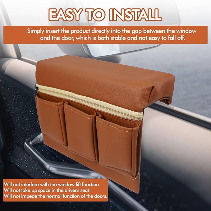 wuyaoyao Car Window Armrest Storage Box, Leather Automotive Door Side Storage Bag & Elbow Rest Pad, Multifunctional Vehicle Door Arm Rest Pad with Pockets, Universal Interior Car Accessories (Brown)