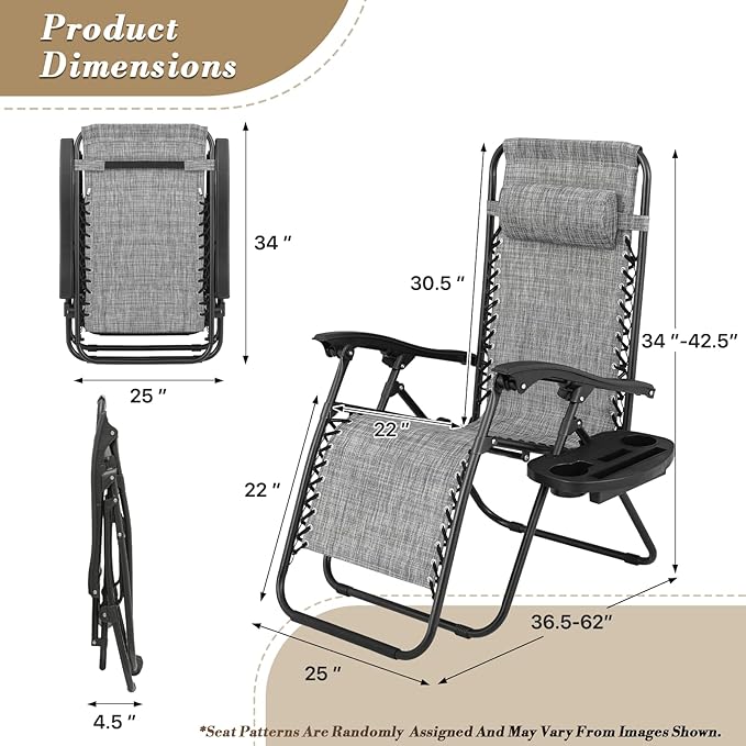 Athena Collection Zero Gravity Outdoor Lounge Chair Set of 2 with Cup Holder, 25" Width Pool Lounge Lawn Chairs Reclining, Outdoor Chaise for Beach Patio Backyard Outside, Dark Grey