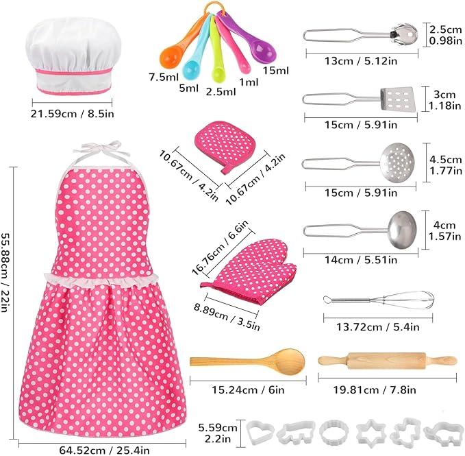 Kids Cooking Baking Set , Kids Kitchen Pretend Play Toys, Kids Chef Role Play Costume Set - Chef Hat and Matching Pink Apron, Birthday Xmas Gifts for 3-8 Year Old Girls Toys