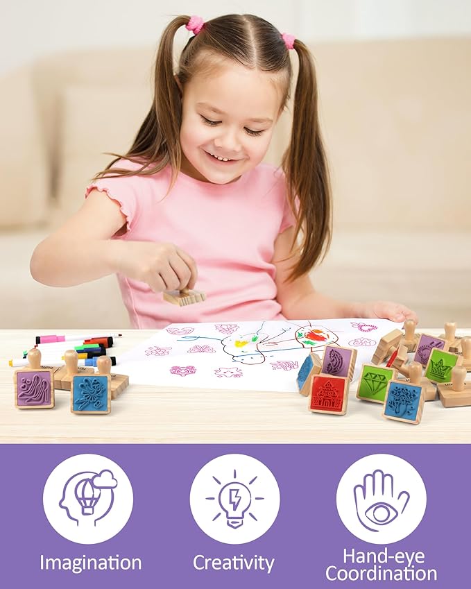 Coogam Wooden Stamp for Girls Friendship, 20pcs Color Shape Unicorn Butterfly Mermaid Stamp Set with Markers, DIY Arts Crafts Printing Stamping Party Favor Toy Gift for 3 4 5 Year Old Kids