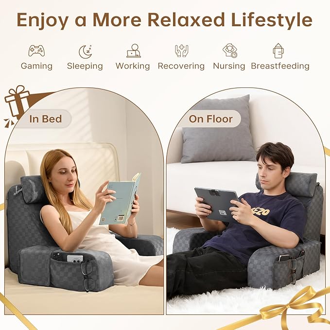Vekkia Reading Pillow for Adults – Ergonomic 45° Wedge Back Support Chair for Sitting in Bed, XL Side Pockets, Perfect for Working, Gaming, Watching TV, Relaxing, or Recovery, Great Gift Idea, 19”