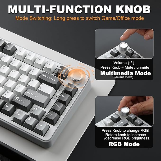 YUNZII B75 PRO Wireless Mechanical Keyboard,75% Layout with Knob,Hot Swap Gasket Custom Structure,Creamy Pre-lubed Switches,RGB Backlit,Bluetooth/Type-C/2.4G for Win/Mac(Cocoa Cream V2 Switch,Grey)
