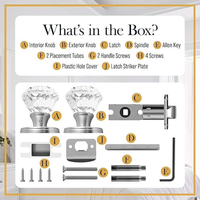 Silver Crystal Door Knob, Glass Door Knobs Interior Non-Locking Set, Antique Decorative Vintage Style for Hallway, Closet, Passage Doors, 2 Pack