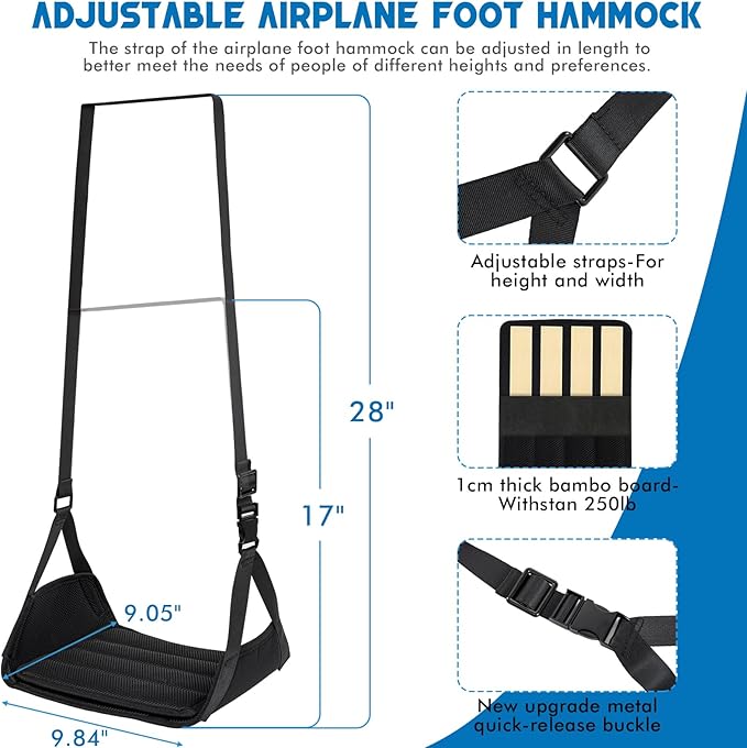 Airplane Foot Hammock for Plane Travel, Heavy-Duty Adjustable Foot Rest with Reinforced Metal Buckles, Ergonomic Bamboo Foot Hammock with Eye Mask & Neck Pillow, Portable Airplane Travel Essentials