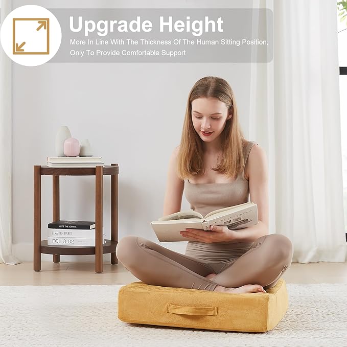 22 inches Floor Pillow for Adults - Large Meditation Cushion with Thick Foam & Soft Tufted Cover - Premium Outdoor Square Floor Cushion Seat - Yoga Pillows for Sitting On Floor - Yellow