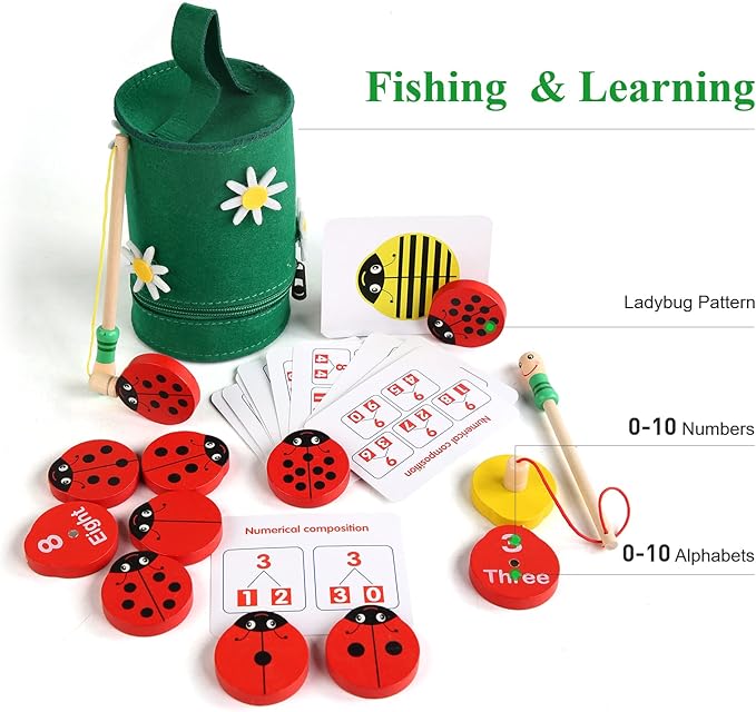 WODI Wooden Counting Ladybugs 0-10 Alphabets & Numbers Sorting Montessori Educational Toys for Toddlers Girls&Boys 3+ Learning to Count Cards Matching Painted Ladybug Toy
