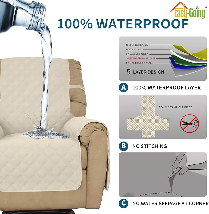 Easy-Going Sofa Slipcover Waterproof Oversized Recliner Chair Cover Non-Slip Fabric Couch Cover for Living Room Washable Furniture Protector for Pets Kids Children Dog Cat (Oversized Recliner, Ivory)