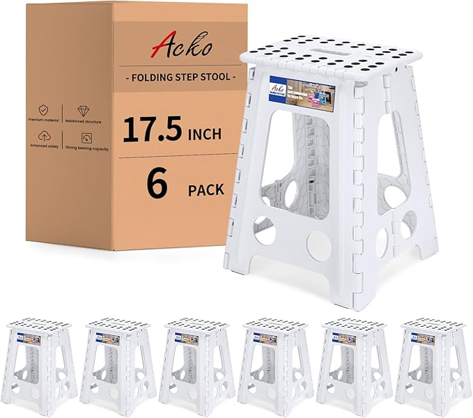 ACKO 6pack Folding Step Stool 17.5 Inch Stool 400 LB Weight Capacity Plastic Foldable Step Stools for Adults and Kids, Folding Stool Suitable for Kitchen, Stepping Stool with Handle White Step Stool
