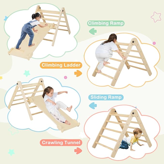 Costzon Climbing Toys for Toddlers, Foldable Montessori Wooden Arch Climber Ladder with Sliding Ramp, Play Table, Multi-Combination Methods, Kids Triangle Climber Play Gym Set for Boys Girls Present