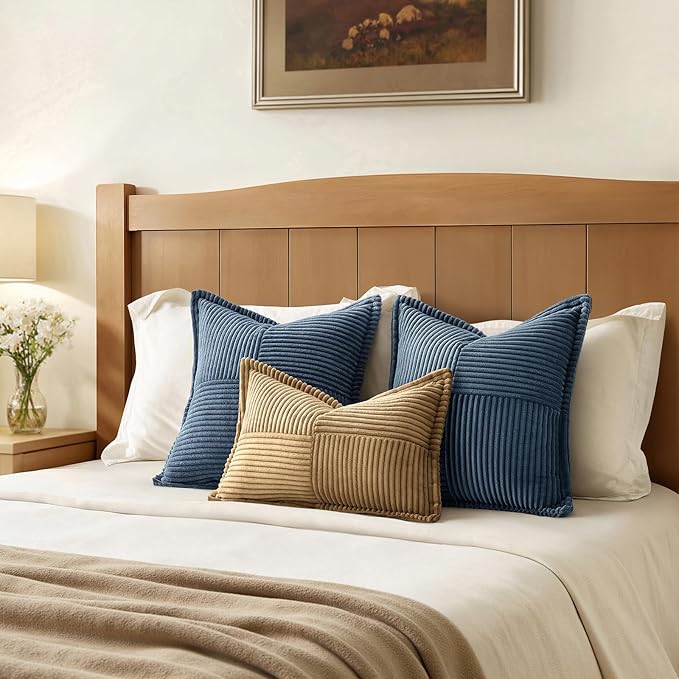 MIULEE Blue Corduroy Decorative Euro Sham Pillow Covers 24x24 Inch with Splicing Set of 2 Soft Boho Pillow Covers Broadside Textured Summer Coastal Pillowcases for Couch Bed Livingroom