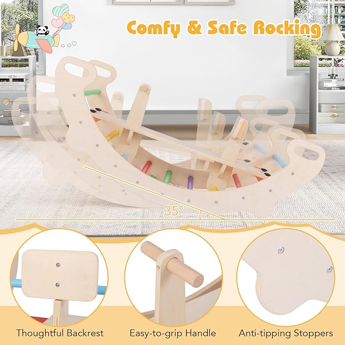 HONEY JOY Wooden Rocking Climbing Arch, 4-in-1 Montessori Kids Arch Rocker Climber Ladder for Rocking Horse, Children Indoor Outdoor Gym Learning Playset, Playground Climbing Toys for Toddlers Gift