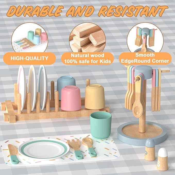 IIFONII 33PCS Kids Kitchen playset Wooden Kitchen Set for Girls and Boys, Montessori Toys for 1-6 Year Old Toy Dishes Baby Kitchen Set, Pretend Wooden Play Kitchen Accessories Toys for Toddlers