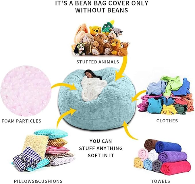 Giant Fur Bean Bag Chair Cover for Kids Adults, (No Filler) Living Room Furniture Big Round Soft Fluffy Faux Fur Beanbag Lazy Sofa Bed Cover (Sky Blue, 6FT)