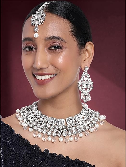 Aheli Kundan and Simulated Colored Stones Indian Ethnic Maang Tikka Necklace and Earrings Set Bollywood Festive Statement Jewelry Gift for Women
