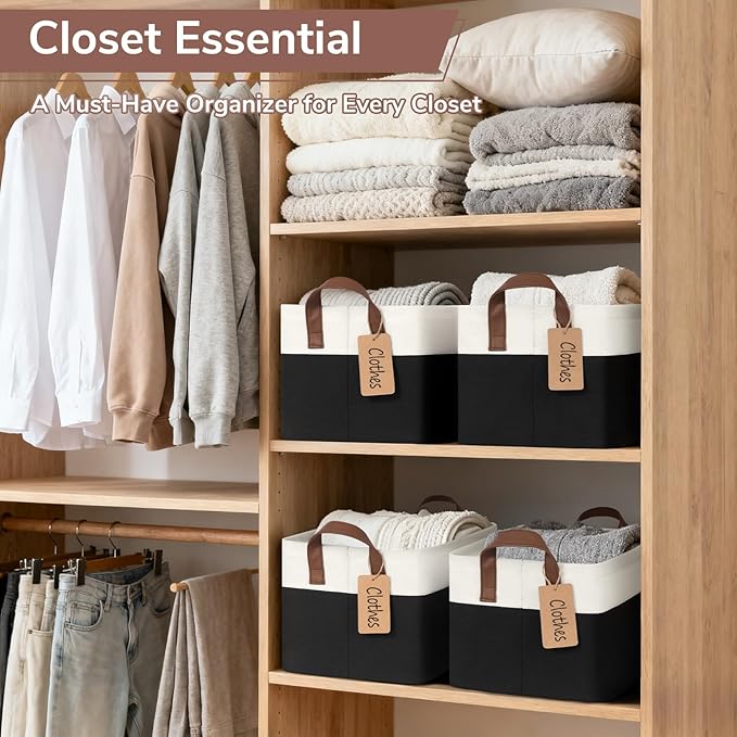 CHICVITA 4 Pack Storage Baskets for Shelves, Foldable Closet Baskets for Organizing, Fabric Storage Bins with Handles, Towel Organizer for Closet, 14.8" x 10.3" x 8.3", Black & White