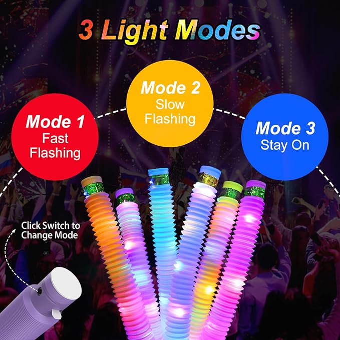 Light Up Pop Fidget Tubes Party Favors for Kids, 12 Pack Glow in The Dark Party Supplies Toddler Sensory Toys, Large Glow Sticks as Goodie Bag Stuffers and Birthday Party Pack Return Gifts for Kids