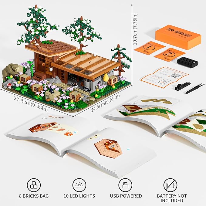 FUNWHOLE Bee-Farm Lighting Building-Bricks Set - Farm Bee Cottage Honey Workshop Collection LED Light Building Set 1274 Pcs for Adults and Teen