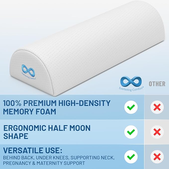 Everlasting Comfort Under Knee Pillow for Back Sleeping - Memory Foam Half Moon Leg Bolster Pillow for Back Pain, Thoracic Support