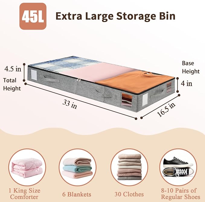 combocube 4 Pack Under Bed Storage Containers, 4.5" Low Profile Underbed Storage Bins with Sturdy Support, Stackable Space Saving Organizer with 4 Handles & Label Windows for Shoes Clothes Blankets