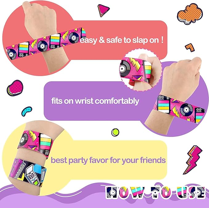 48 PCS 80s 90s Theme Party Favors Slap Bracelets, Wristbands Bracelets for Kids Adults Retro Birthday Party Supplies, Classroom Prizes Rewards Exchanging Gifts