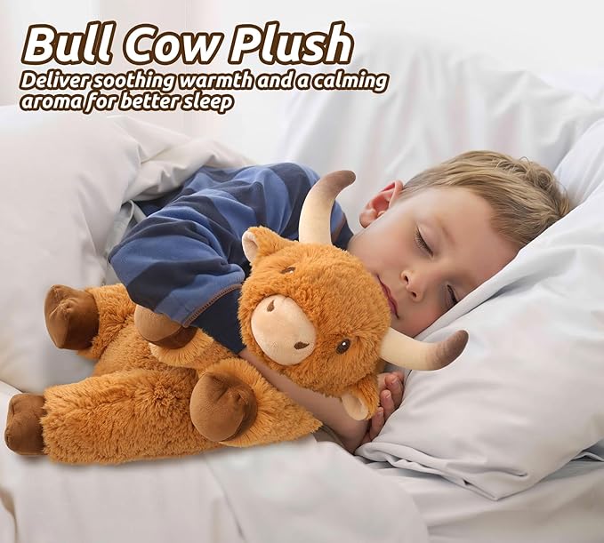 Cuckool Bull Stuffed Animals, Microwavable Stuffed Animals Adorable Fluffy Bull Plush for Warmth & Comfort, Heatable Coolable Lavender Scent Toys, Cute Soft Plushies Gift for Kids Boys Girls & Adults
