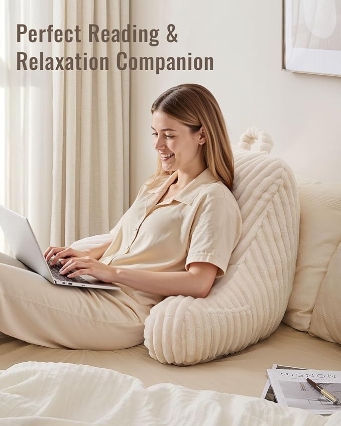 Blissful Diary Reading Pillow for Sitting in Bed, Large Flannel Back Pillow Bed Sitting Up for Adult & Children, Backrest Cushion for Sit Up in Couch or Floor, Dorm Essentials, Cream White