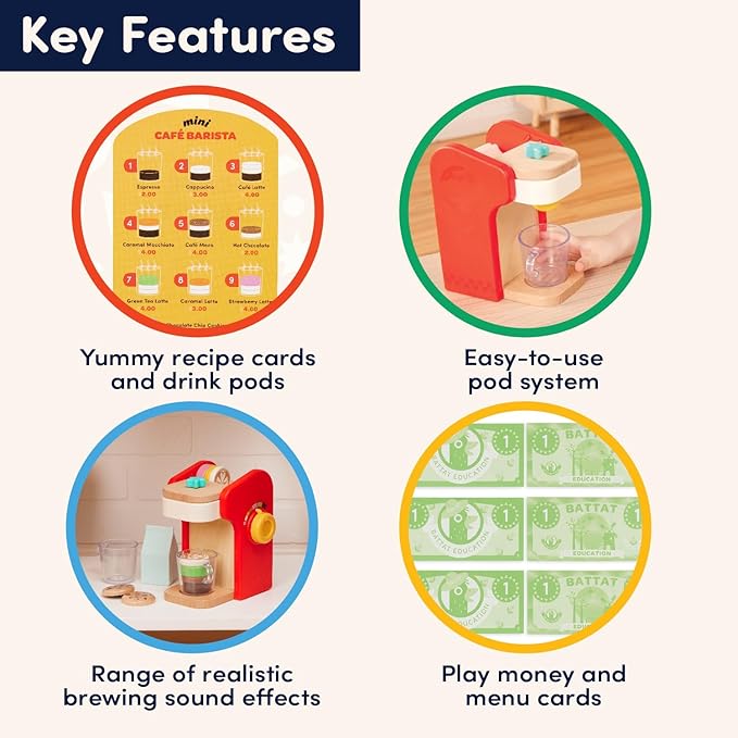 Battat Education – Wooden Barista Playset – Toy Coffee Maker & Accessories with Realistic Sounds(22 Pieces) – Pretend Play Toy – Play Kitchen Toys – 2 Years + – Mini Barista