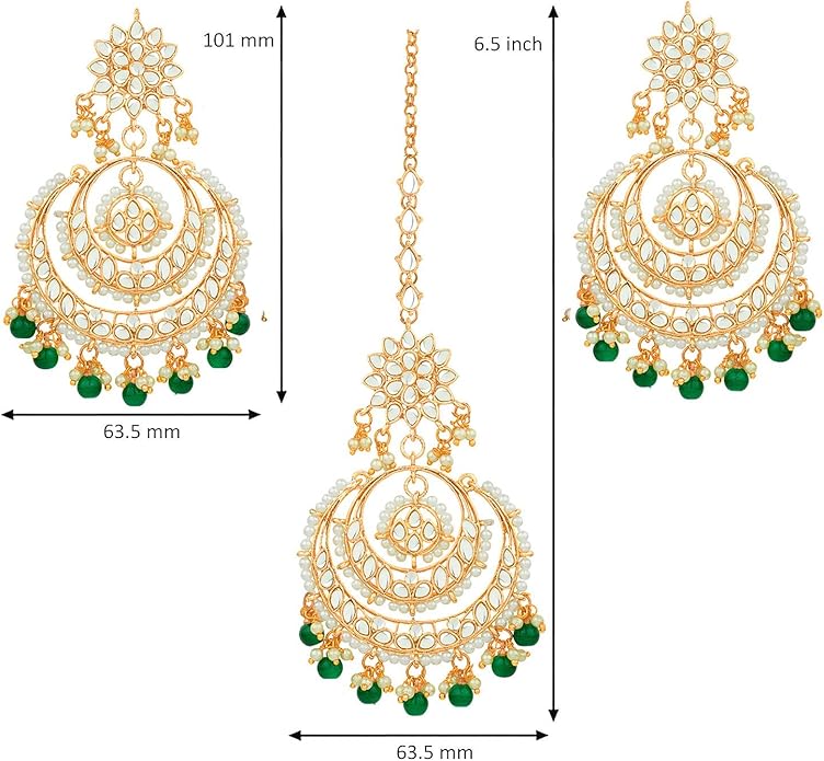 Aheli Bollywood Ethnic Chandbali Style Big Earrings Maang Tikka Set Traditional Fashion Jewelry Gift for Women