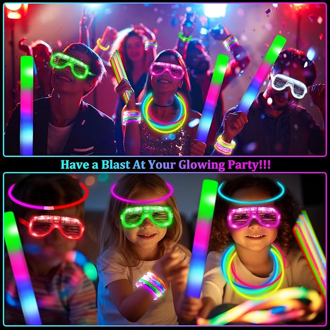 148 PCS New Years Eve Glow in the Dark Party Supplies Favors- 24 Pcs 16" Foam Glow Sticks+12 Pcs LED Glasses+12 Pcs Light Up Bracelets+100Pcs Glow Sticks Bulk Party Pack for Birthday Wedding Carnival